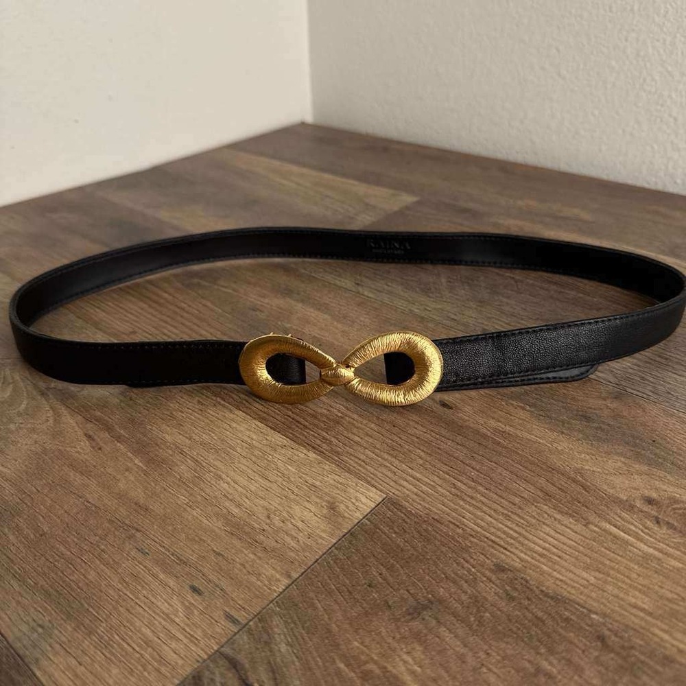 Vintage Raina Leather Belt Gold Textured Infinity Buckle Womens Black Size 32